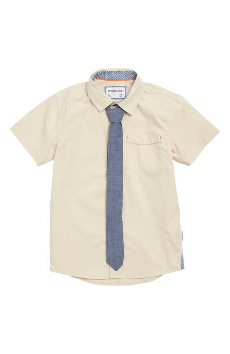 Kids' Driver Cotton Short Sleeve Button-Up Shirt & Tie Set