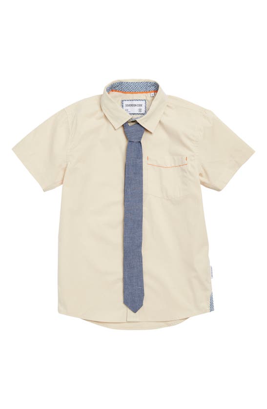 Shop Sovereign Code Kids' Driver Cotton Short Sleeve Button-up Shirt & Tie Set In Birch