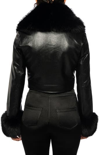 Gisele Faux Fur Trim Faux Leather Crop Jacket