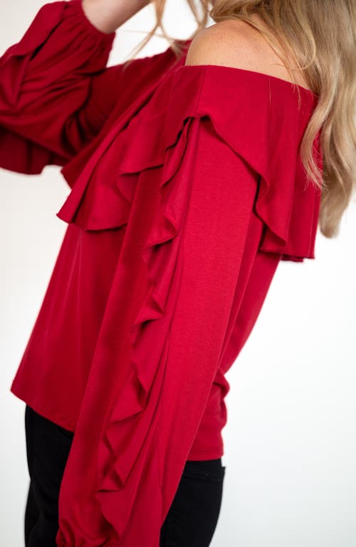 Jjwinks Vixen Built-in Shelf Off-the-shoulder Long Sleeve Ruffle Holiday Top In Crimson