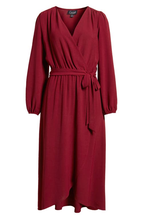 Connected Apparel Long Sleeve Faux Wrap Midi Dress In Wine
