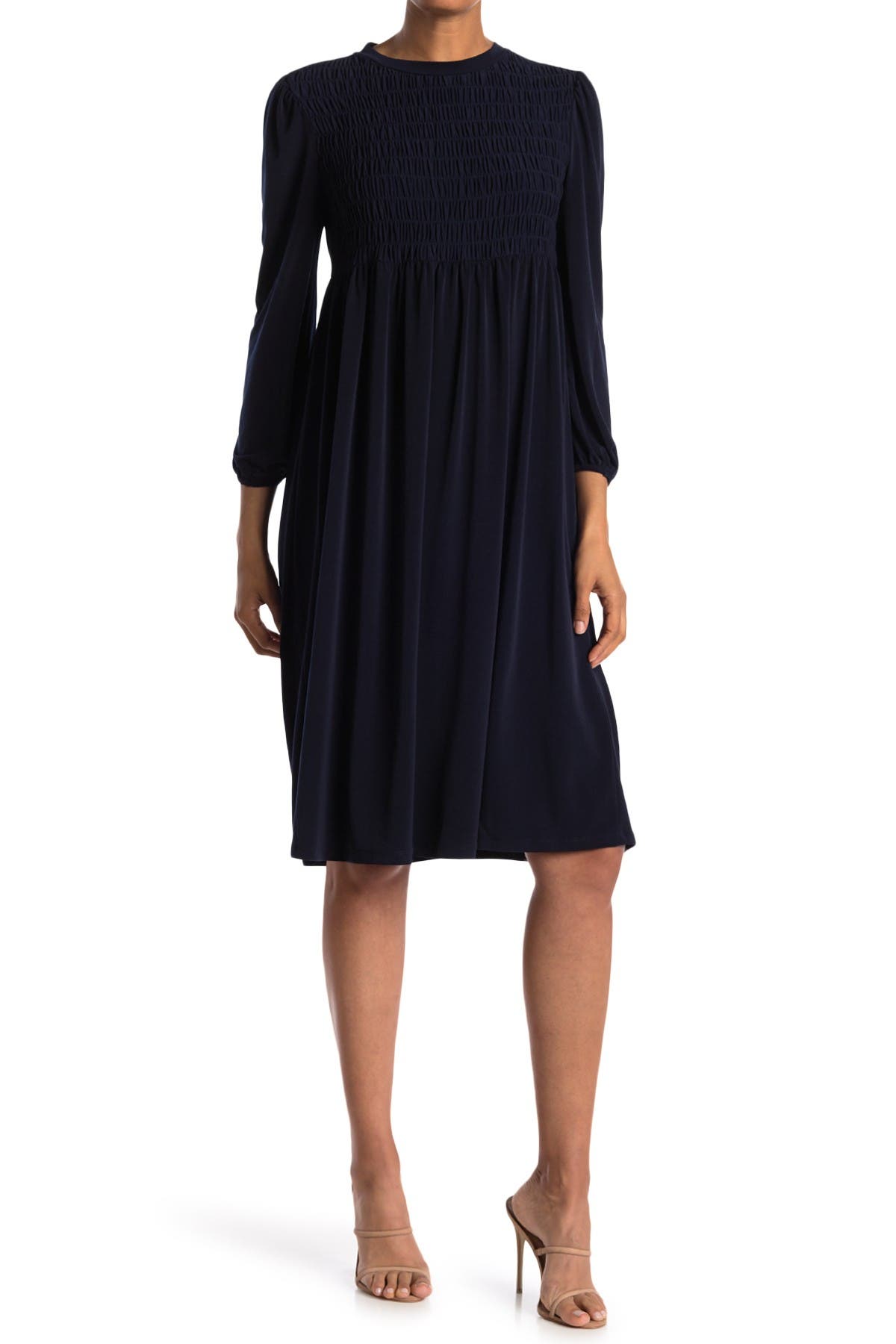 London Times Long Sleeve Jersey Smocked Midi Dress In Navy ModeSens