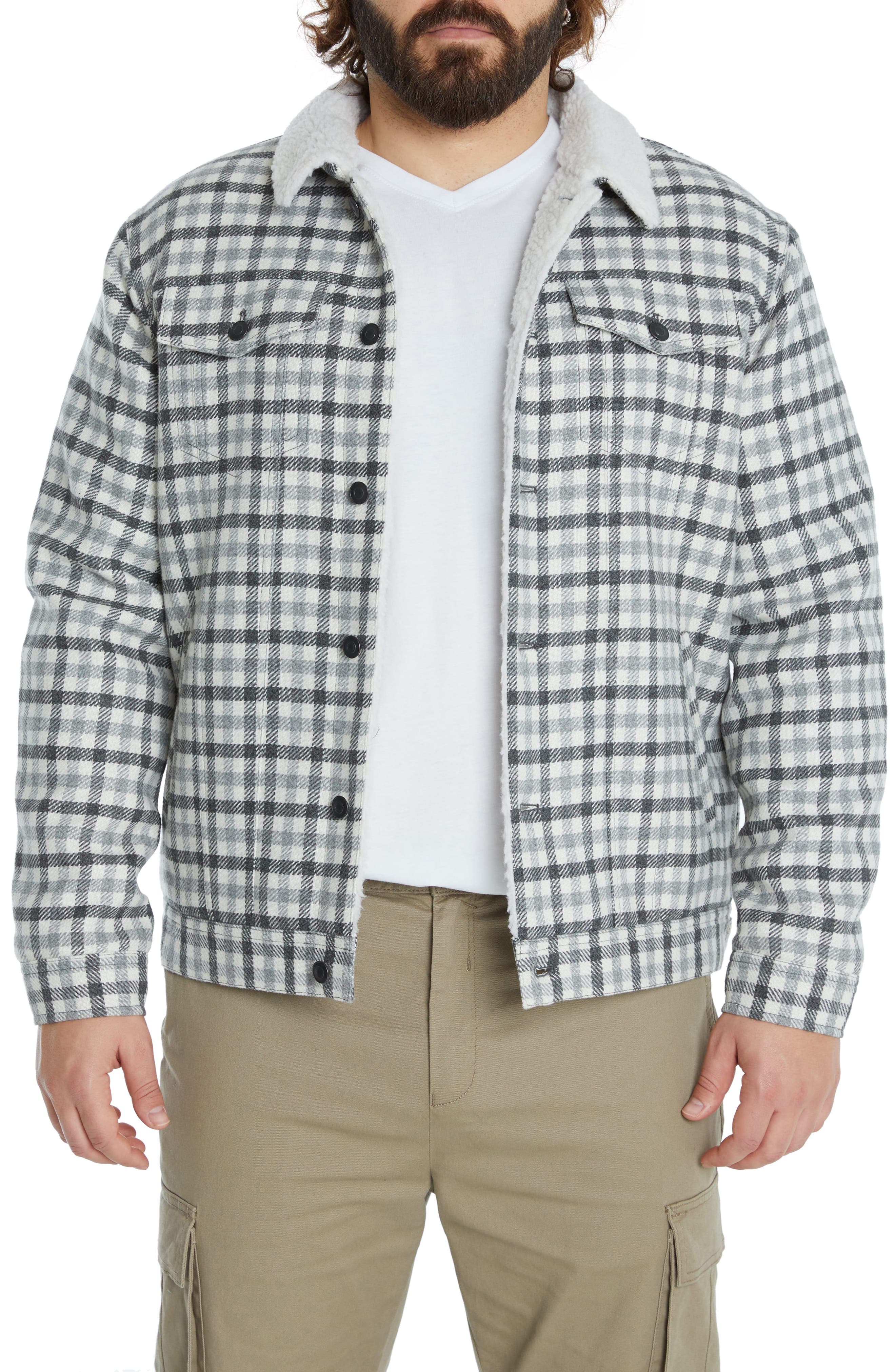 Johnny Bigg Kayce Check Trucker Jacket with Faux Shearling Lining in White