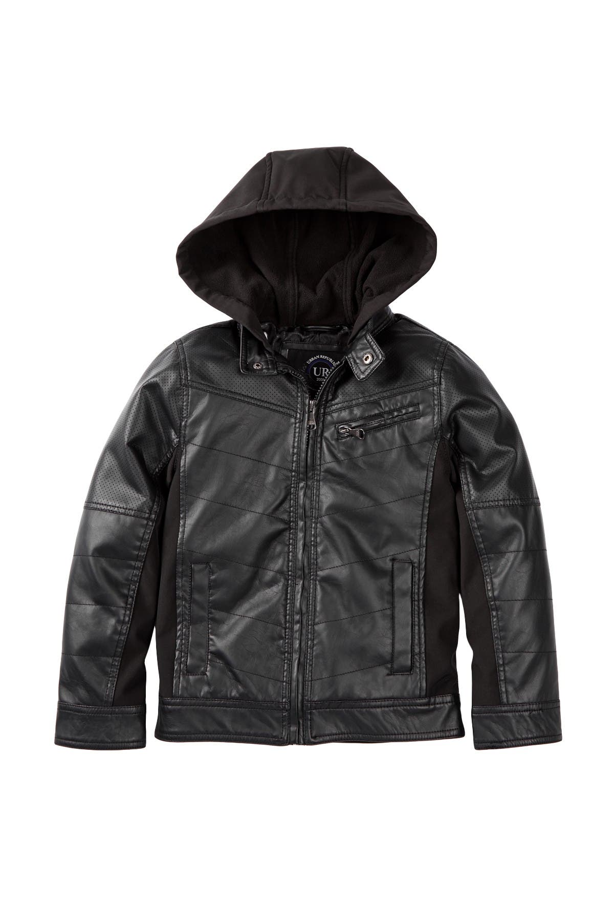 URBAN REPUBLIC boys Faux Leather Jacket With Fleece Lined Hood