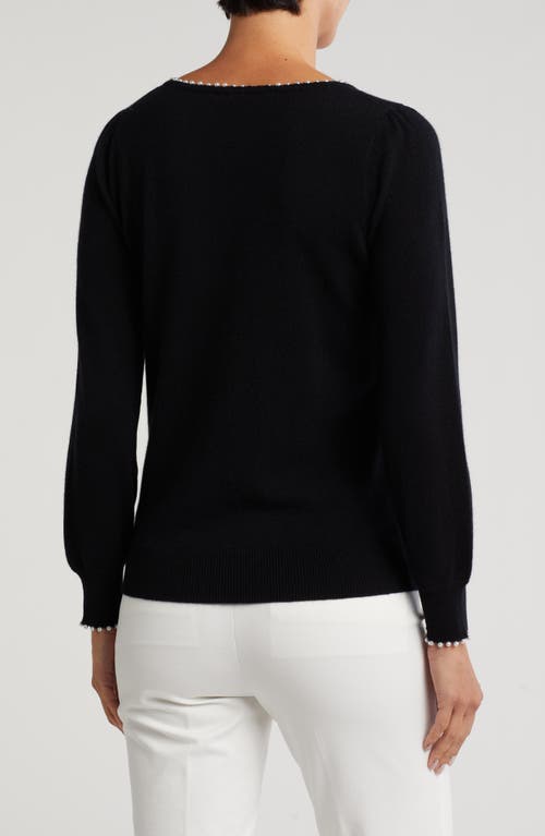 Sofia Cashmere Crewneck Imitation Pearl Cashmere Sweater In Black