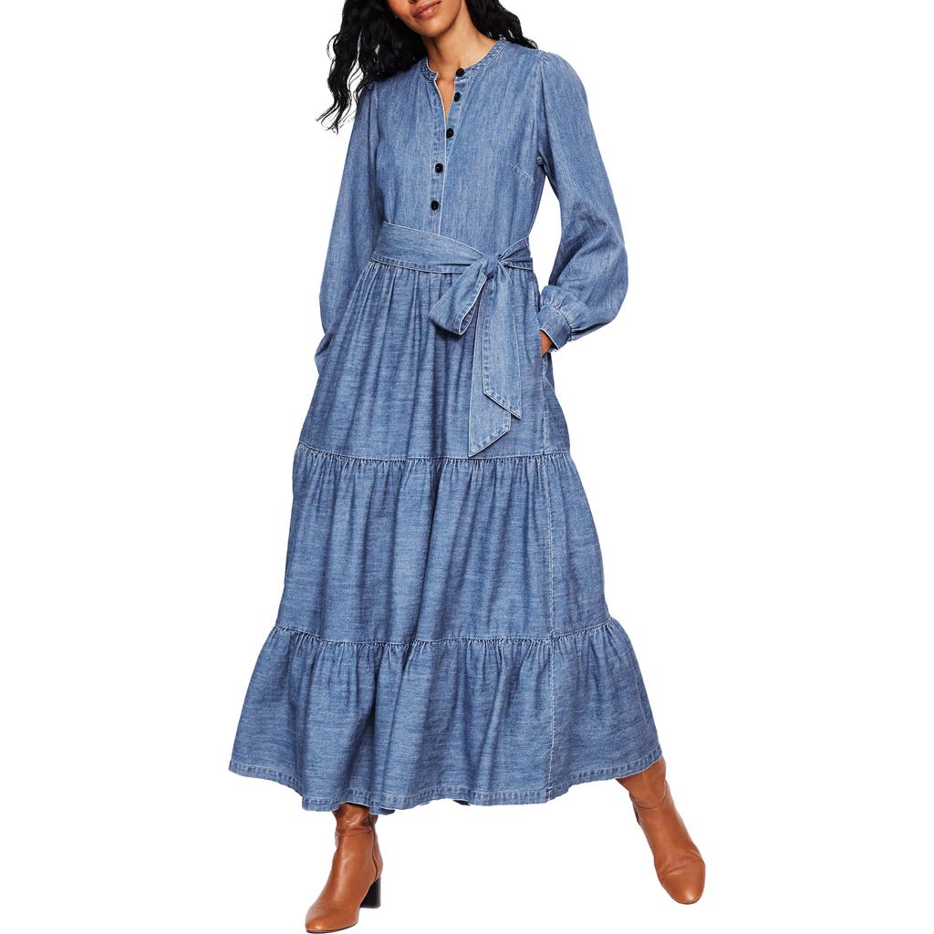 Boden Alba Long Sleeve Tiered Denim Maxi Dress in Light Vintage Denim
