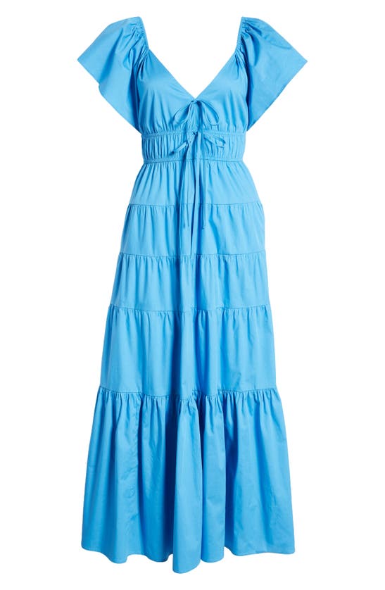 Shop Moon River Flutter Sleeve Tiered Stretch Cotton Maxi Dress In Blue