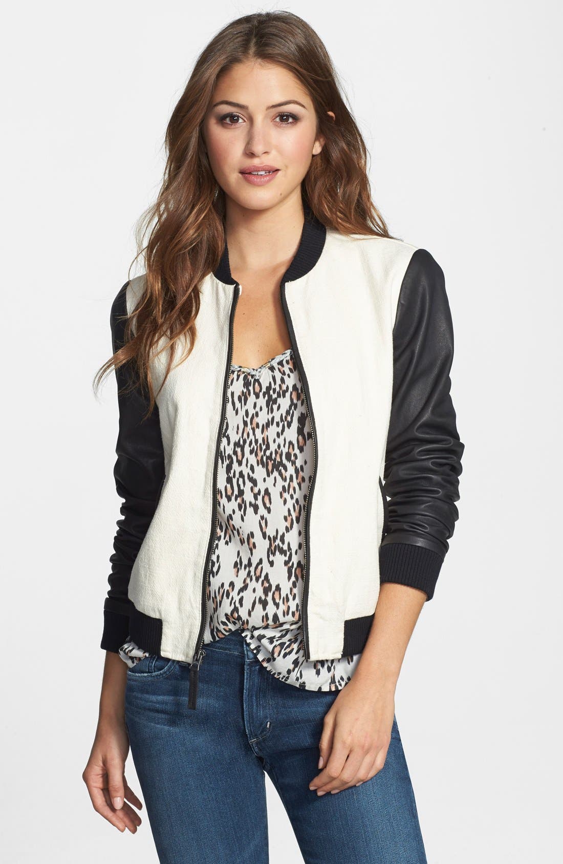 Lucky Brand 'Mercer' Jacquard & Leather Bomber Jacket Nordstrom