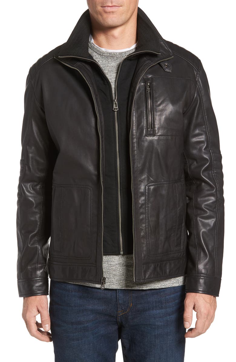 Cole Haan Washed Leather Moto Jacket with Knit Bib Nordstrom