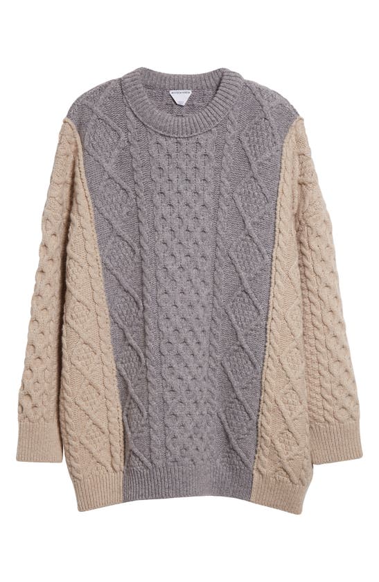 Bottega Veneta Colorblock Wool Blend Aran Sweater In Beige-grey Melange