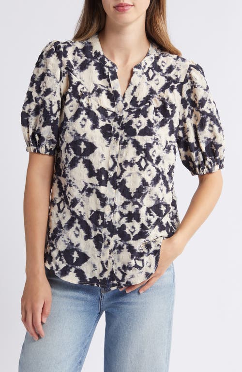 Bobeau Ikat Puff Sleeve Button-Up Shirt Charcoal/Ivory Abstract at Nordstrom,