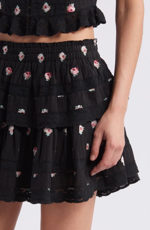 Shop Loveshackfancy Floral Embroidered Tiered Miniskirt In Black Combo