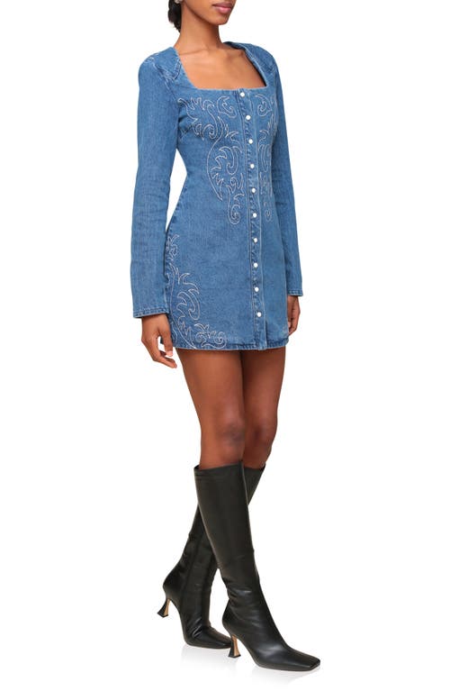 Shop Avec Les Filles Western Embroidered Long Sleeve Denim Minidress In Provence Wash