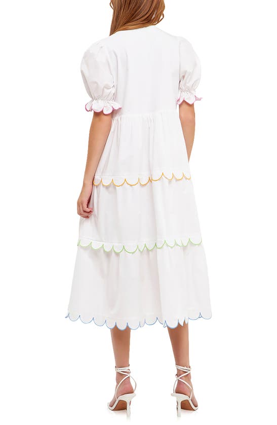 Shop English Factory Contrast Scalloped Trim Cotton Midi Dress In White Multi