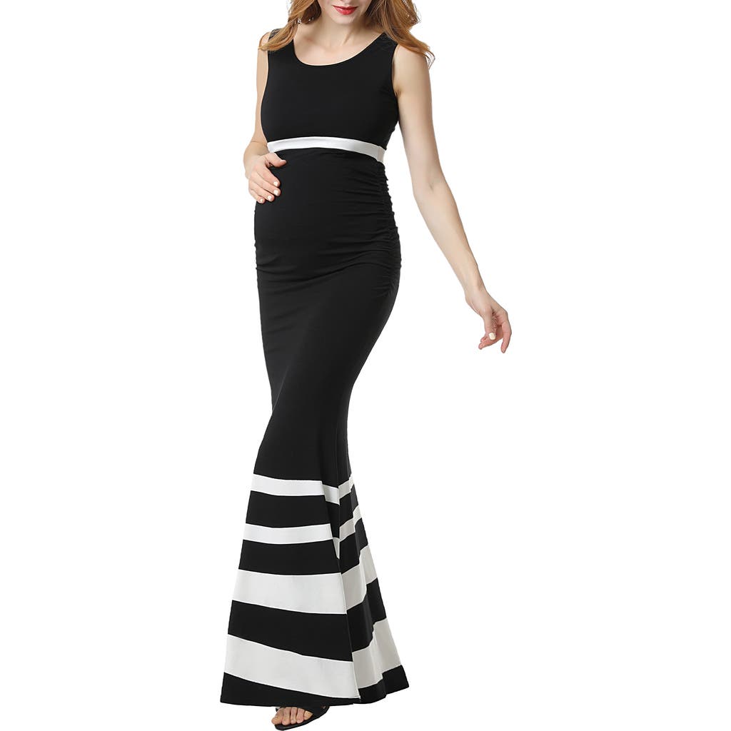 Kimi And Kai Cortana Stripe Maternity Mermaid Maxi Dress In Black/white