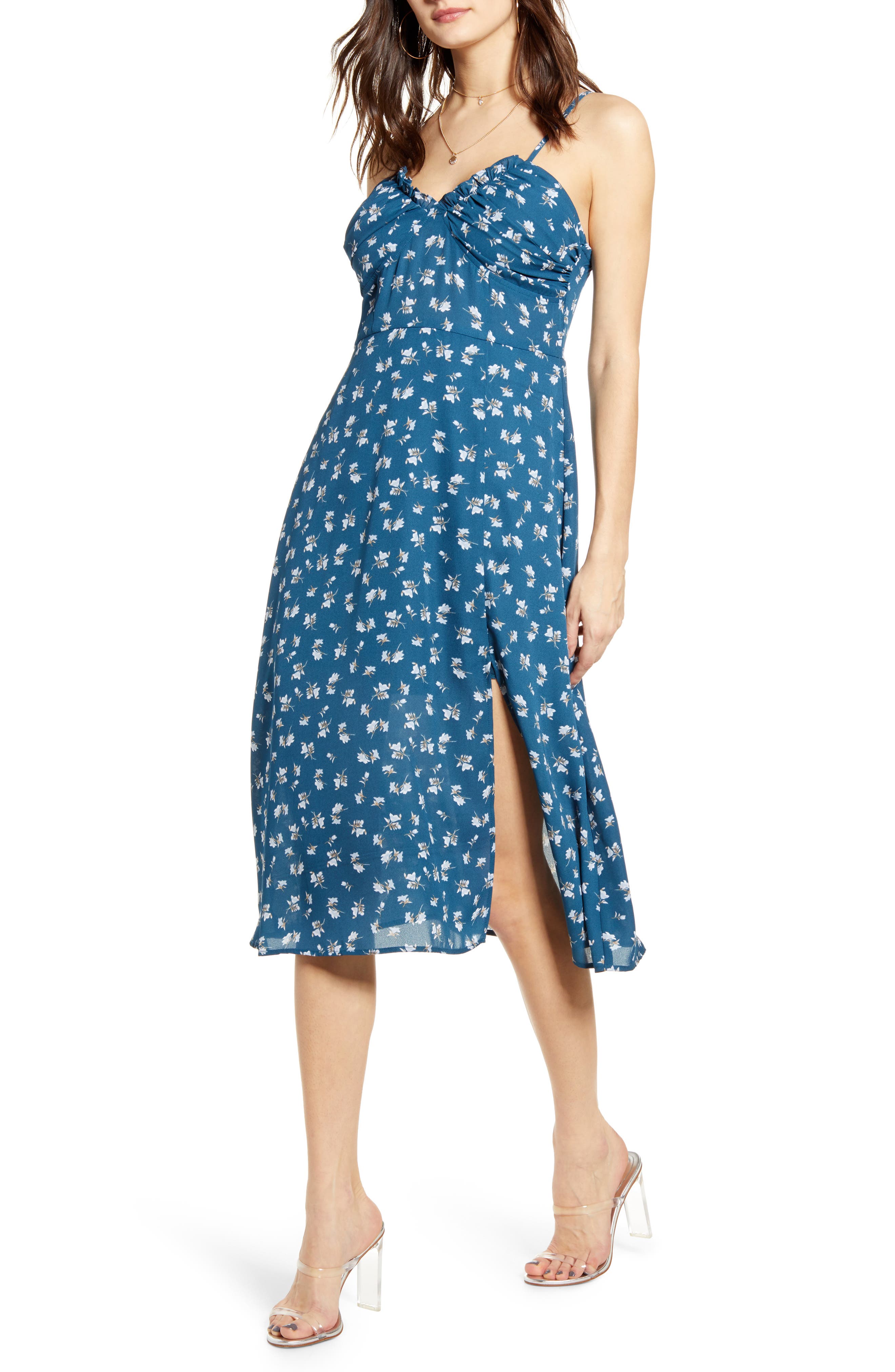 Row A Shirred Bustier Bodice Midi Sundress, Blue/green