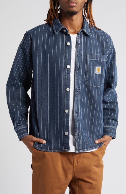 Orlean Stripe Denim Button-Up Shirt Jacket in Blue /White Stone Washed