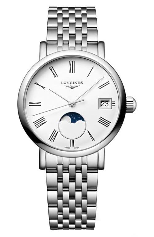 Longines Women's Swiss Elegant Moonphase Stainless Steel Bracelet Watch 30mm In White