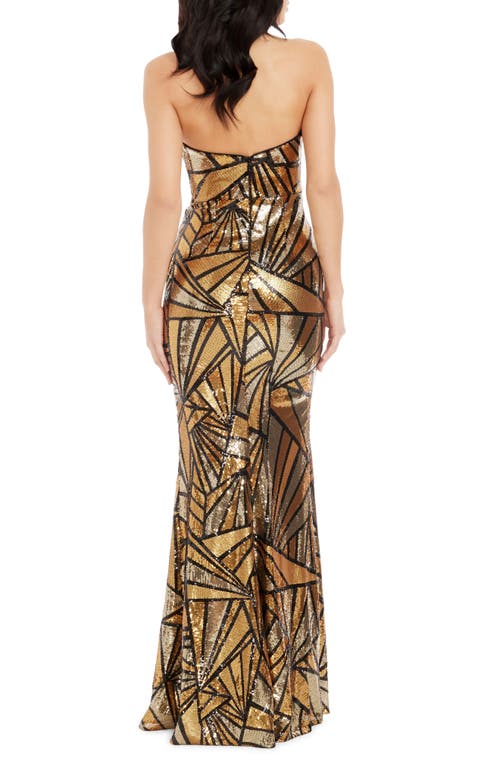 Shop Dress The Population Janelle Abstract Print Sequin Strapless Trumpet Gown In Gold Multi