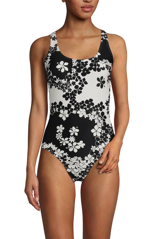 Shop Lands' End Chlorine Resistant Scoop Neck X-back High Leg Soft Cup Tugless Sporty One Piece Swimsuit In Black Floral Shadow