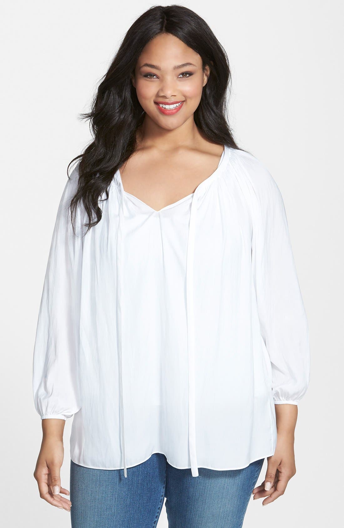 Vince Camuto Tie Neck Rumpled Peasant Blouse (Plus Size) Nordstrom