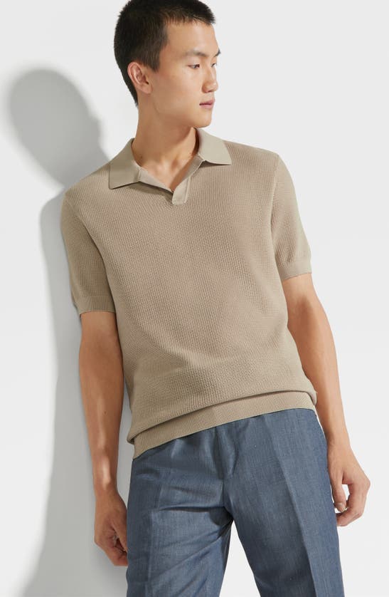 Shop Zegna Waffle Knit Premium Cotton Polo Sweater In Iuta Beige