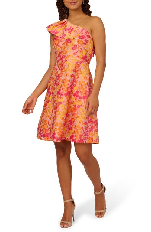 Floral Jacquard One-Shoulder Cocktail Dress in Orange Multi