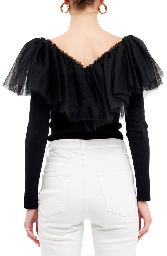 Shop Endless Rose Ruffle Mesh Mixed Media Top In Black