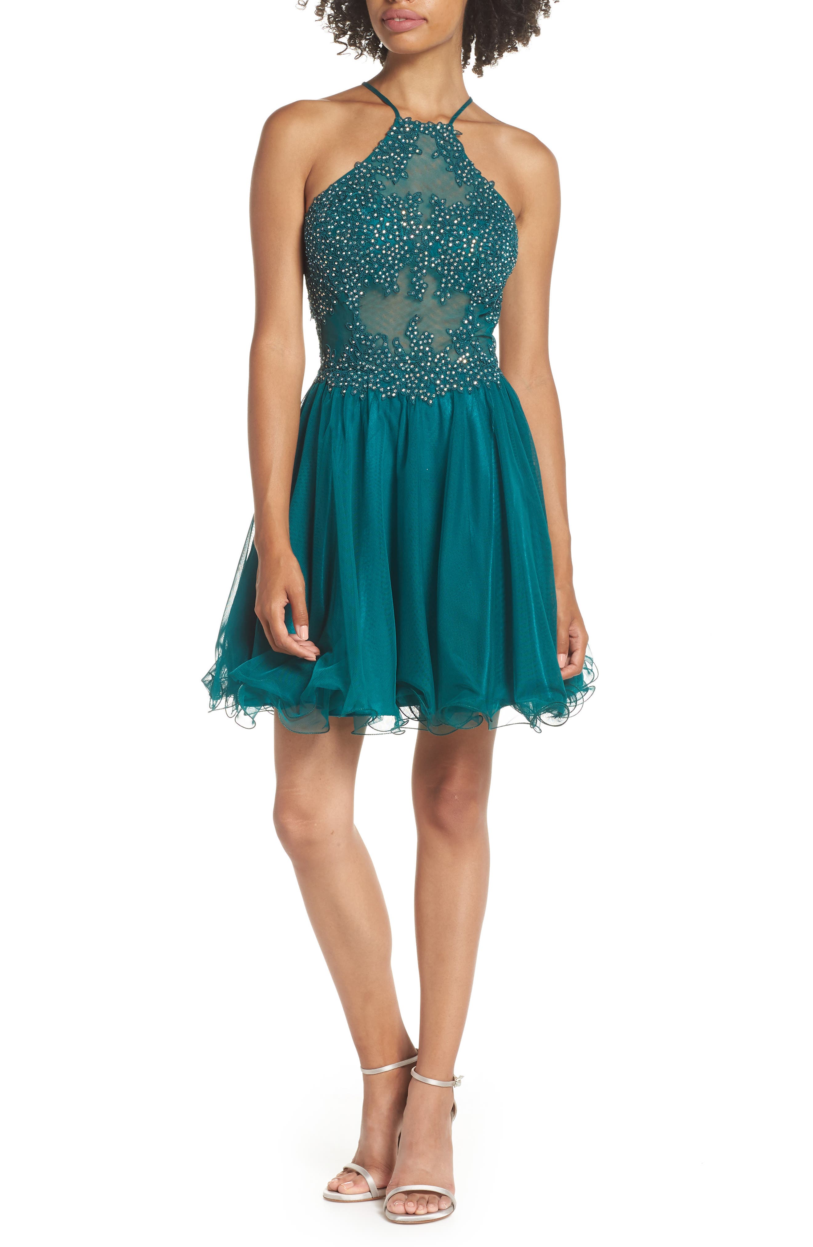 Blondie Nites Halter Neck Applique Mesh Party Dress, Green