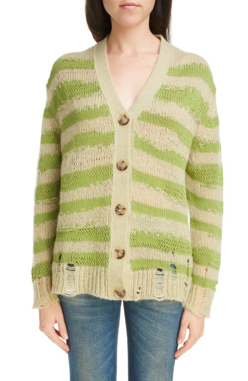 Shop Acne Studios Koliva Distressed Stripe Cotton & Mohair Blend Cardigan In Sage Green/apple Green