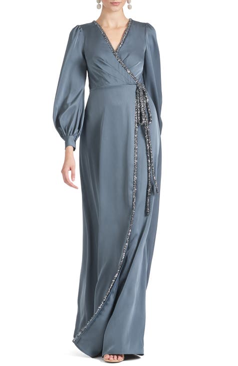 Dorthea Sequin Trim Long Sleeve Satin Crepe Faux-Wrap Gown