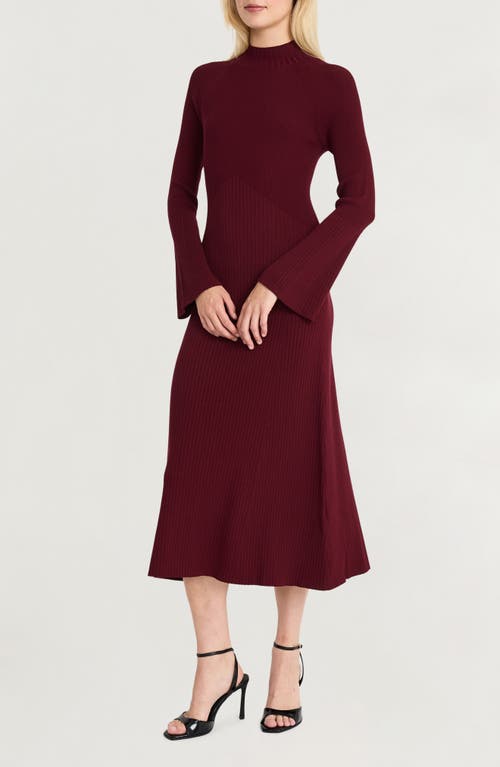 Shop Luxely Long Sleeve Rib Midi Sweater Dress In Wine Tasting