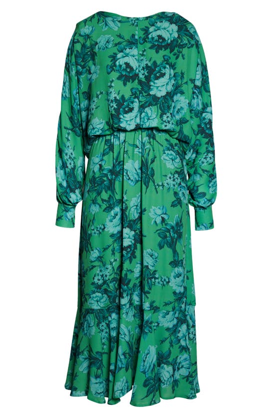 Asos Design Edition Floral V-back Long Sleeve Dress In Green Multi