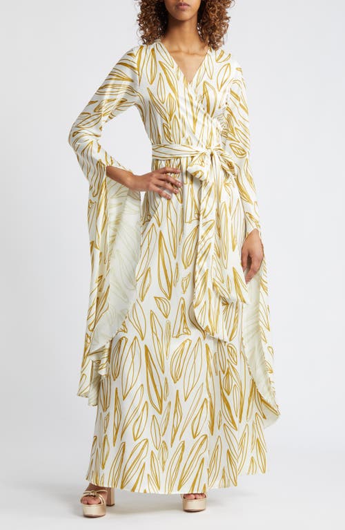 Maya Exaggerated Long Sleeve Fiore Print Jacquard Wrap Dress in Gold