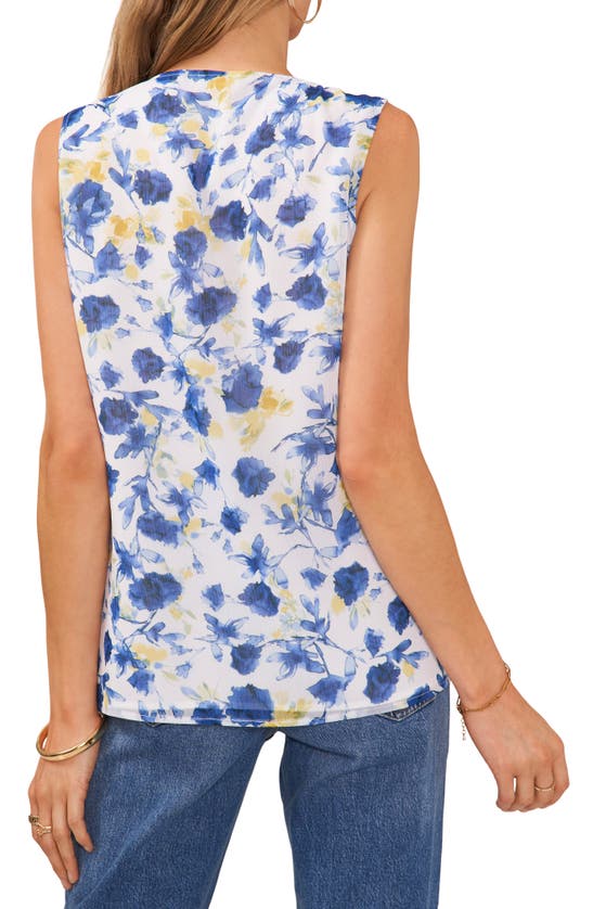 Shop Vince Camuto Floral Sleeveless Ruffle Chiffon Top In Ultra White/ Blue