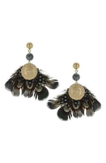 Olivia Welles Medallion Feather Drop Earrings In Gold/black