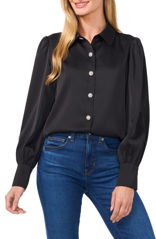 Cece Long Sleeve Blouse With Rhinestone Buttons & Exaggerated Collar In Rich Black