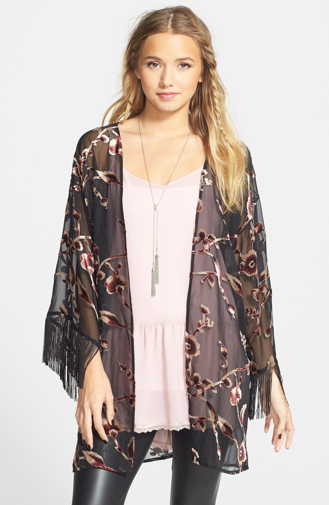 Lily White Velvet Detail Fringe Kimono Jacket (Juniors) Nordstrom