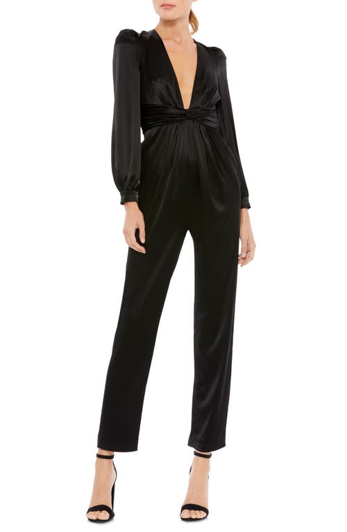Mac Duggal Plunge Neck Long Sleeve Satin Jumpsuit in Black