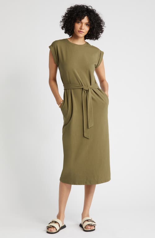 Tie Waist Stretch Cotton Knit Dress in Olive Burnt