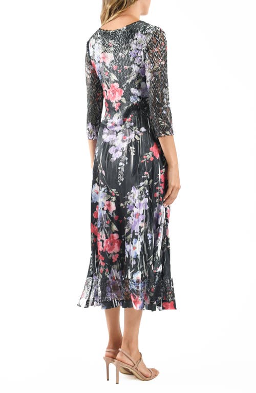 Komarov Lace Sleeve Charmuese & Chiffon Cocktail Midi Dress In Eternal Bloom