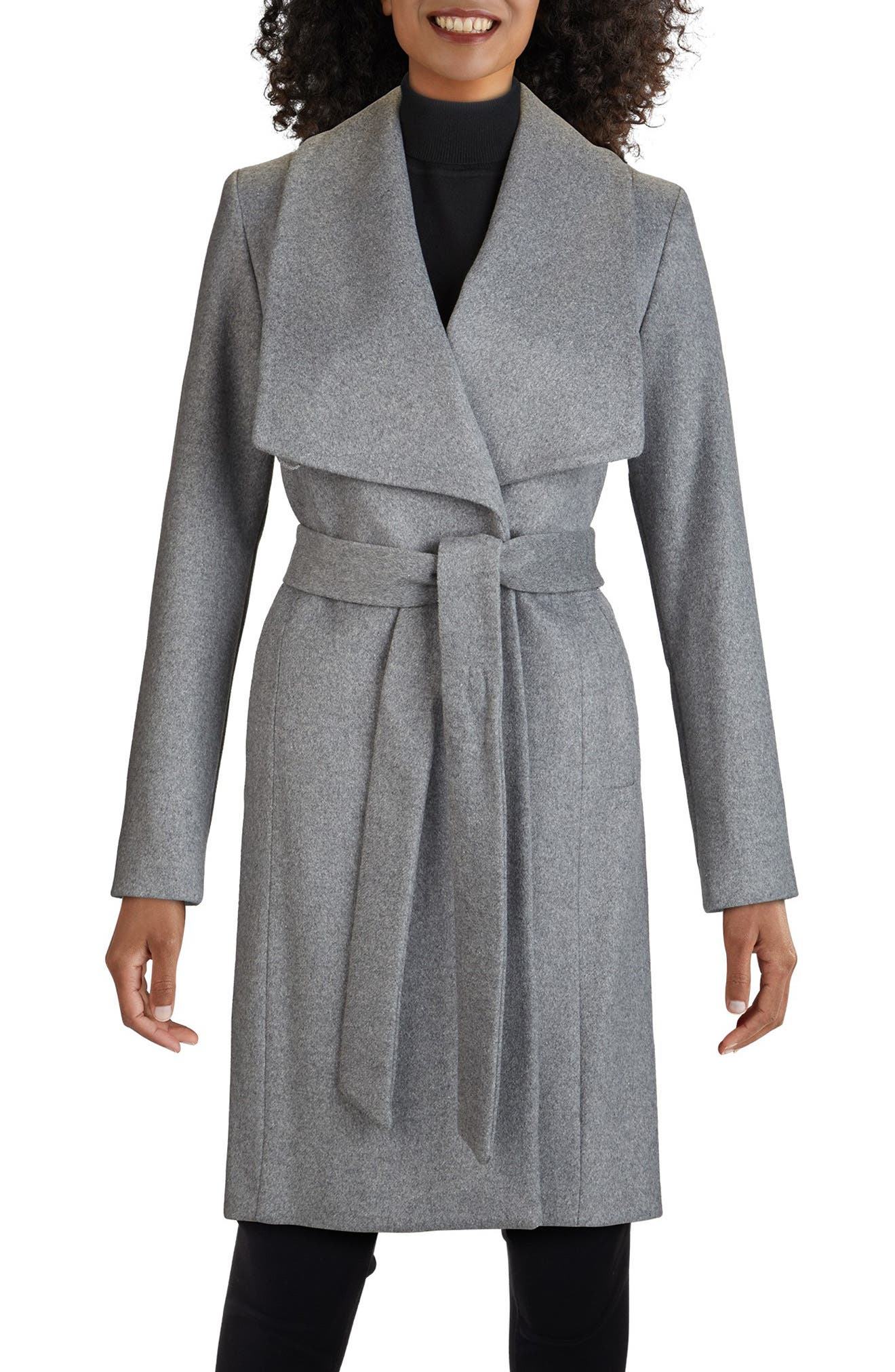 Cole Haan Signature Slick Wool Blend Wrap Coat In Mid Grey