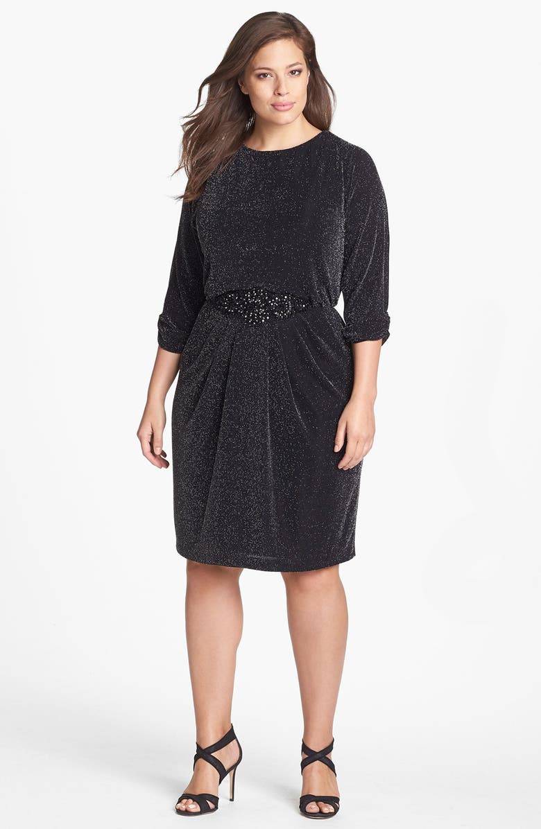 Alex Evenings Embellished Waist Metallic Knit Dress (Plus Size) | Nordstrom