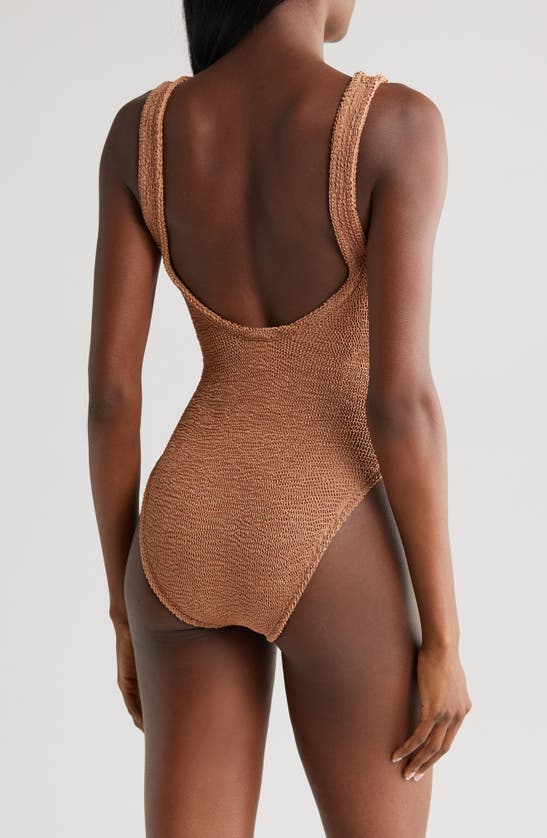 Shop Hunza G Celine Stripe Seersucker One-piece Swimsuit In Metallic Cocoa