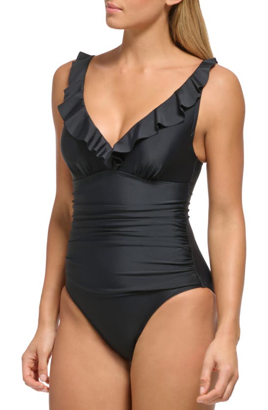 Dkny Ruffle Plunge Underwire Tummy Control One-piece Swimsuit, Created For Macy's In Black