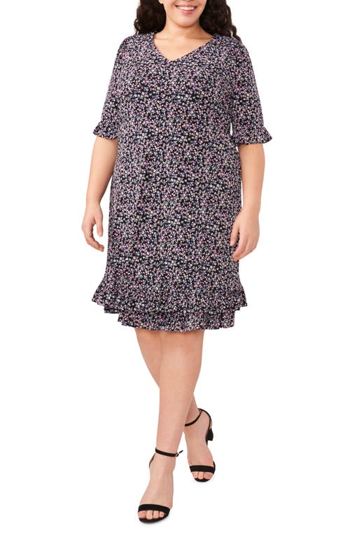 CeCe Floral Double Ruffle Hem Knit Dress in Rich Black at Nordstrom, Size 1X