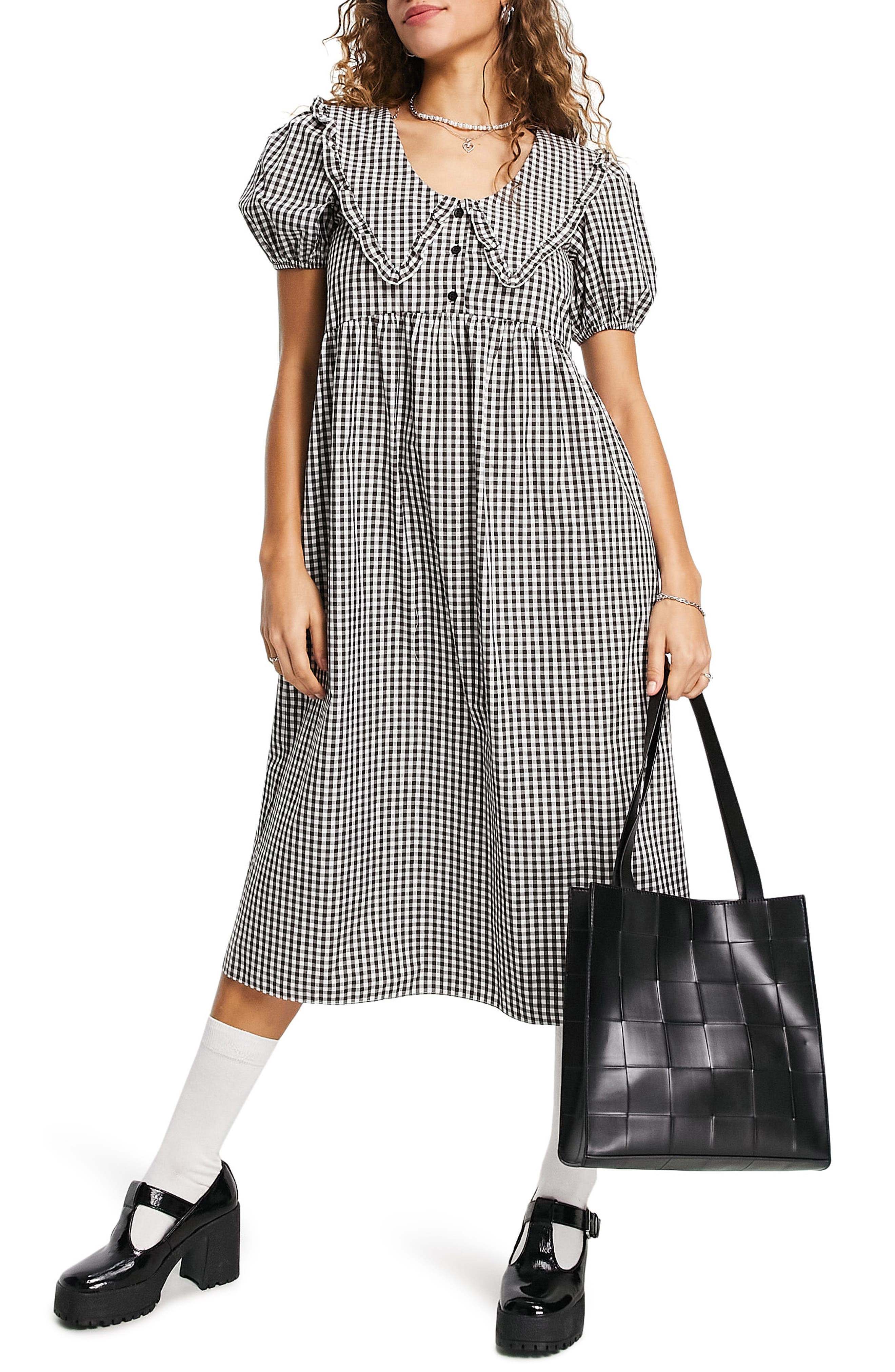 Topshop Gingham Puff Sleeve Midi Dress 