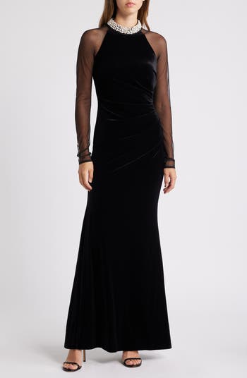 Black velvet gown long sleeve best sale