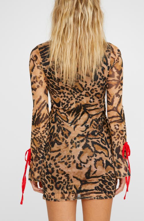 Shop Nasty Gal Animal Print Long Sleeve Cutout Mesh Minidress In Brown