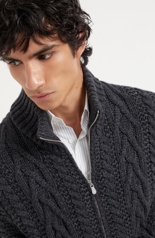 Shop Brunello Cucinelli Cashmere Irish Cable Turtleneck Cardigan In Anthracite